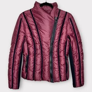 ZAC POSEN Down Fill Cranberry Short Asymmetric Zip Puffer Coat Size Medium
